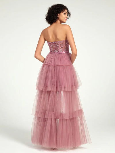 Carlyna Carlyna Carlyna Carlyna Carlyna Carlyna Carlyna Carlyna Carlyna Carlyna High-Low Tiered Tulle Gown with Sweetheart Corset & Beaded Accents