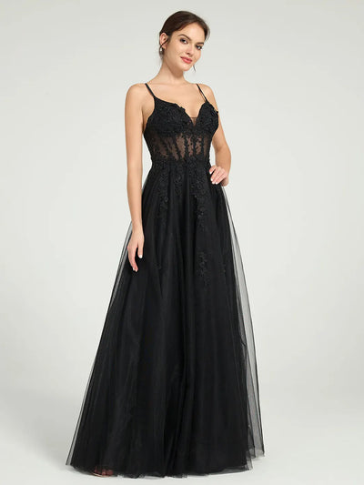 Carlyna Illusion Corset Bodice A-Line Tulle Prom Dress with Glitter Beading & Lace Appliques