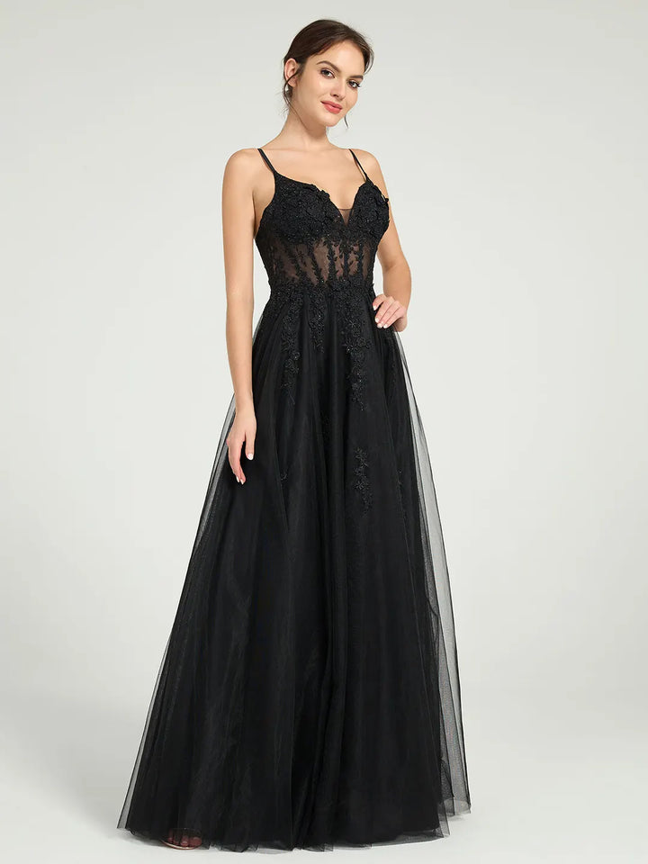 Illusion Corset Bodice A-Line Tulle Prom Dress with Glitter Beading & Lace Appliques Illusion Corset Bodice A-Line Tulle Prom Dress with Glitter Beading & Lace Appliques