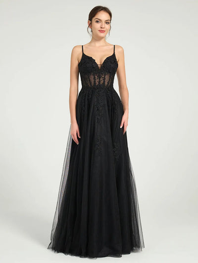 Carlyna Carlyna Illusion Corset Bodice A-Line Tulle Prom Dress with Glitter Beading & Lace Appliques