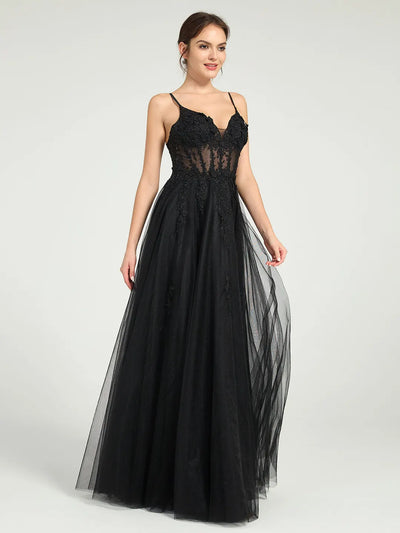 Carlyna Carlyna Carlyna Illusion Corset Bodice A-Line Tulle Prom Dress with Glitter Beading & Lace Appliques