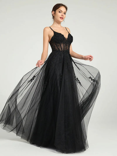 Carlyna Carlyna Carlyna Carlyna Carlyna Carlyna Illusion Corset Bodice A-Line Tulle Prom Dress with Glitter Beading & Lace Appliques