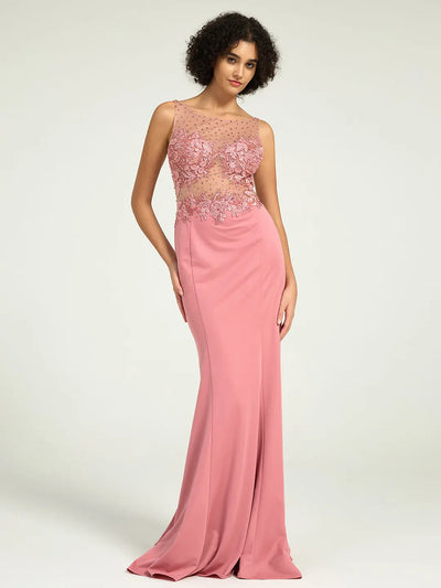 Carlyna Illusion Neckline Jersey Sheath Dress with Lace, Pearl, and Jewel Embellished Bodice