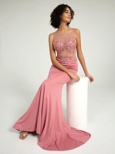 Carlyna Carlyna Illusion Neckline Jersey Sheath Dress with Lace, Pearl, and Jewel Embellished Bodice