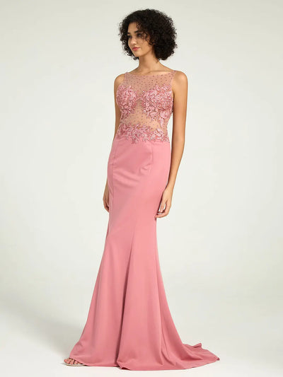 Carlyna Carlyna Carlyna Illusion Neckline Jersey Sheath Dress with Lace, Pearl, and Jewel Embellished Bodice