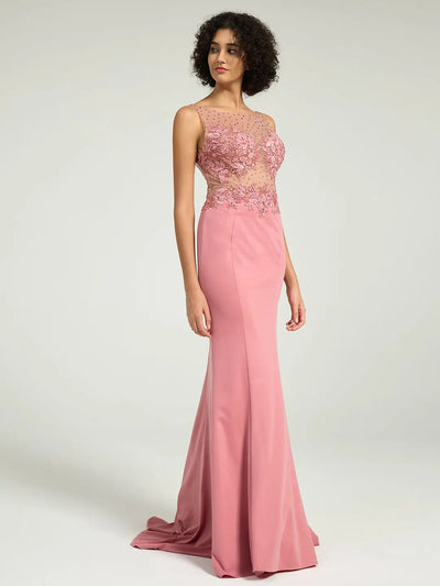 Carlyna Carlyna Carlyna Carlyna Illusion Neckline Jersey Sheath Dress with Lace, Pearl, and Jewel Embellished Bodice