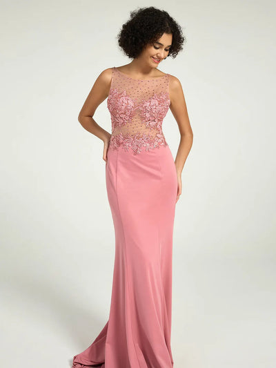 Carlyna Carlyna Carlyna Carlyna Carlyna Carlyna Illusion Neckline Jersey Sheath Dress with Lace, Pearl, and Jewel Embellished Bodice