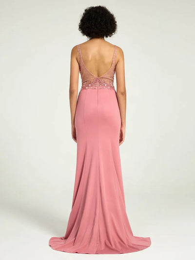 Carlyna Carlyna Carlyna Carlyna Carlyna Carlyna Carlyna Carlyna Illusion Neckline Jersey Sheath Dress with Lace, Pearl, and Jewel Embellished Bodice