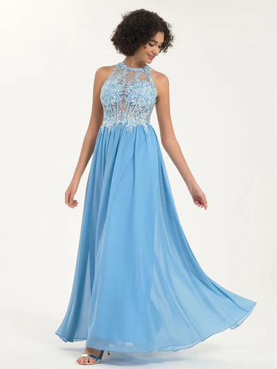 Carlyna Illusion Round Neck A-Line Maxi Prom Dress with Floral Lace and Rhinestone Accents