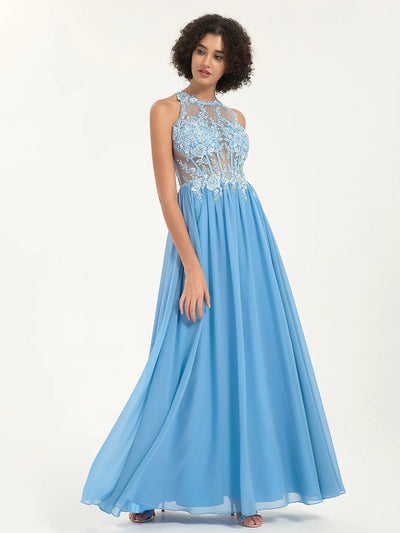 Carlyna Carlyna Illusion Round Neck A-Line Maxi Prom Dress with Floral Lace and Rhinestone Accents