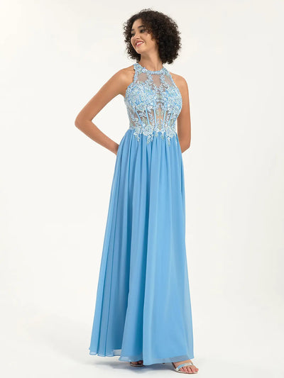 Carlyna Carlyna Carlyna Illusion Round Neck A-Line Maxi Prom Dress with Floral Lace and Rhinestone Accents
