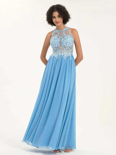 Carlyna Carlyna Carlyna Carlyna Illusion Round Neck A-Line Maxi Prom Dress with Floral Lace and Rhinestone Accents