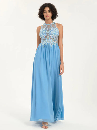 Carlyna Carlyna Carlyna Carlyna Carlyna Illusion Round Neck A-Line Maxi Prom Dress with Floral Lace and Rhinestone Accents