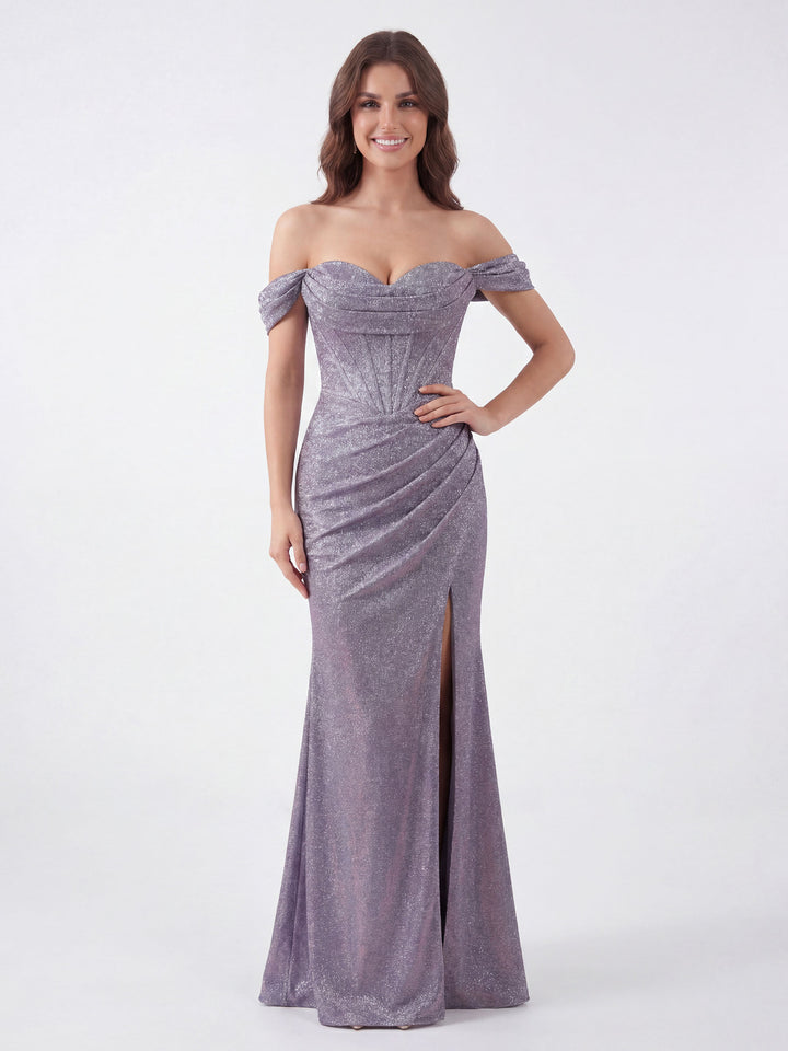 lavender glitter prom dress Off Shoulder Lace Up Back High Slit Evening Gown light purple sparkly dress