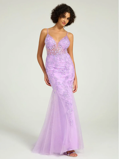 Carlyna Carlyna V-Neck Lace-Up Mermaid Tulle Maxi Formal Prom Dress with Sequin Lace