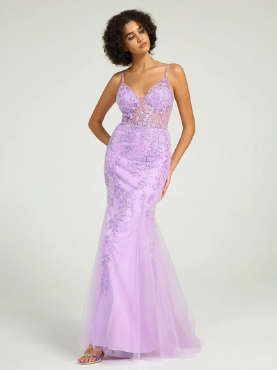 Carlyna Carlyna Carlyna Carlyna V-Neck Lace-Up Mermaid Tulle Maxi Formal Prom Dress with Sequin Lace