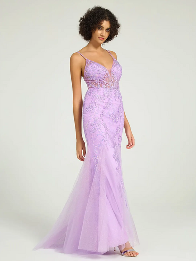 Carlyna Carlyna Carlyna Carlyna Carlyna V-Neck Lace-Up Mermaid Tulle Maxi Formal Prom Dress with Sequin Lace