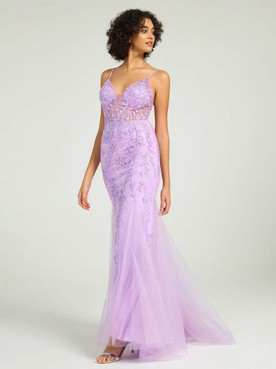 Carlyna Carlyna Carlyna Carlyna Carlyna Carlyna V-Neck Lace-Up Mermaid Tulle Maxi Formal Prom Dress with Sequin Lace