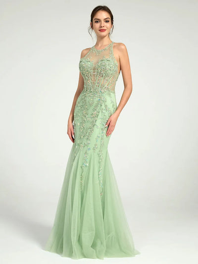 Carlyna Mermaid Illusion Corset Lace Applique Sequin Embellished Maxi Prom Dress