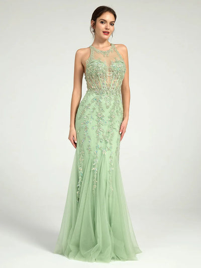 Carlyna Carlyna Mermaid Illusion Corset Lace Applique Sequin Embellished Maxi Prom Dress