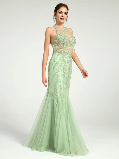 Carlyna Carlyna Carlyna Mermaid Illusion Corset Lace Applique Sequin Embellished Maxi Prom Dress