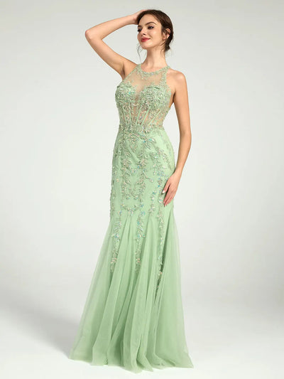 Carlyna Carlyna Carlyna Carlyna Mermaid Illusion Corset Lace Applique Sequin Embellished Maxi Prom Dress