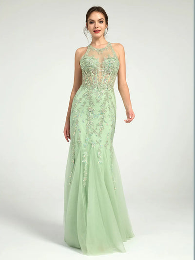 Carlyna Carlyna Carlyna Carlyna Carlyna Mermaid Illusion Corset Lace Applique Sequin Embellished Maxi Prom Dress