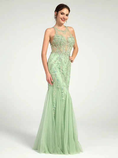 Carlyna Carlyna Carlyna Carlyna Carlyna Carlyna Mermaid Illusion Corset Lace Applique Sequin Embellished Maxi Prom Dress