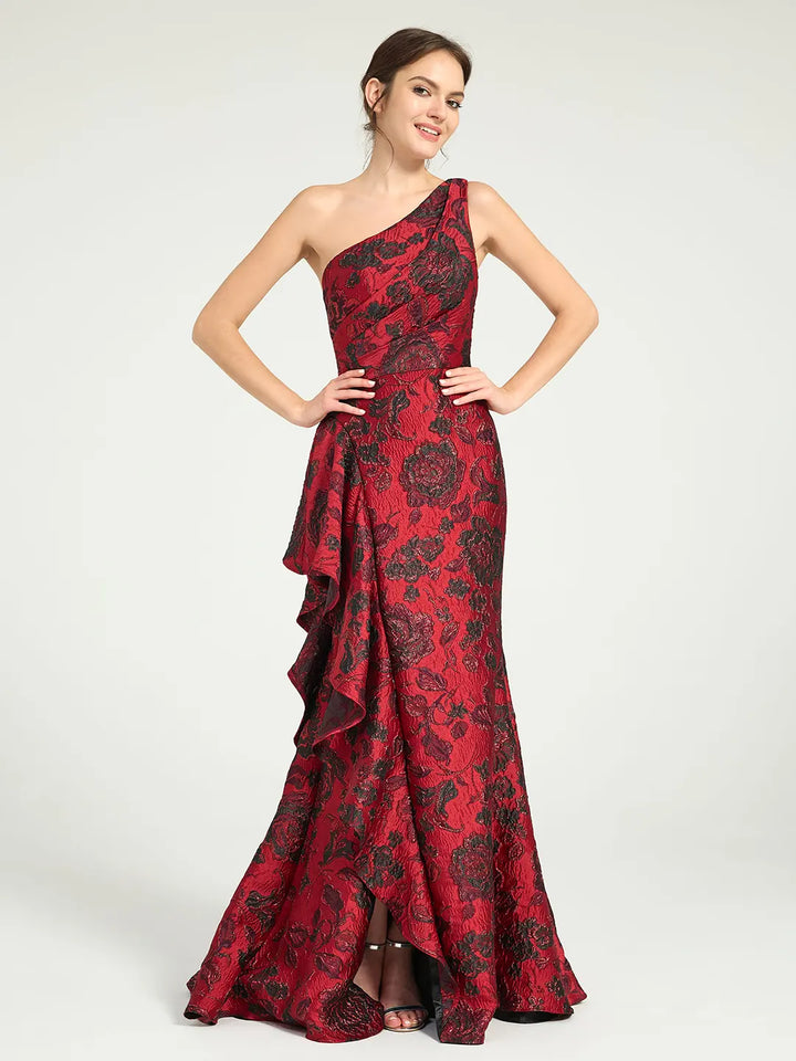Ruffled Red Mermaid Formal Dress One-Shoulder Floral Jacquard Gown with Sweep Train Carlyna Ruffled Red Mermaid Formal Dress One-Shoulder Floral Jacquard Gown with Sweep Train Carlyna