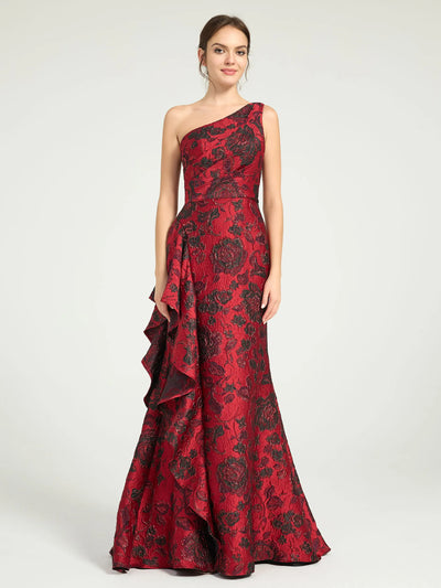 Carlyna Carlyna Mermaid Ruffled One-Shoulder Floral Jacquard Formal Dress with Sweep Train