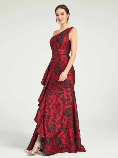 Carlyna Carlyna Carlyna Carlyna Carlyna Carlyna Mermaid Ruffled One-Shoulder Floral Jacquard Formal Dress with Sweep Train