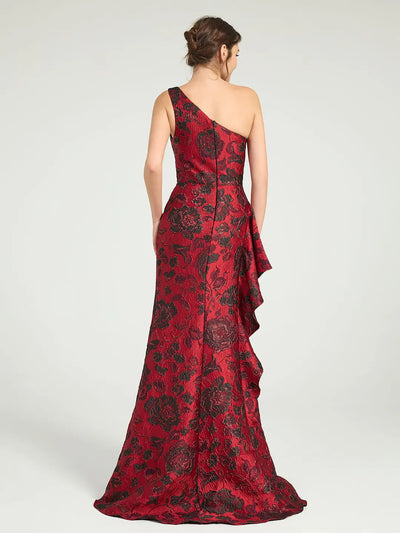 Carlyna Carlyna Carlyna Carlyna Carlyna Carlyna Carlyna Carlyna Mermaid Ruffled One-Shoulder Floral Jacquard Formal Dress with Sweep Train