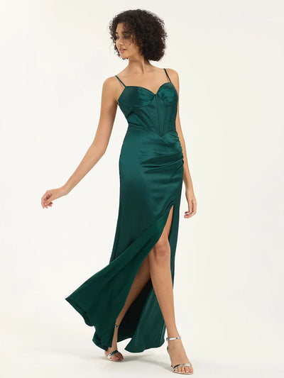 Carlyna Mermaid Satin Corset Maxi Dress with Slit