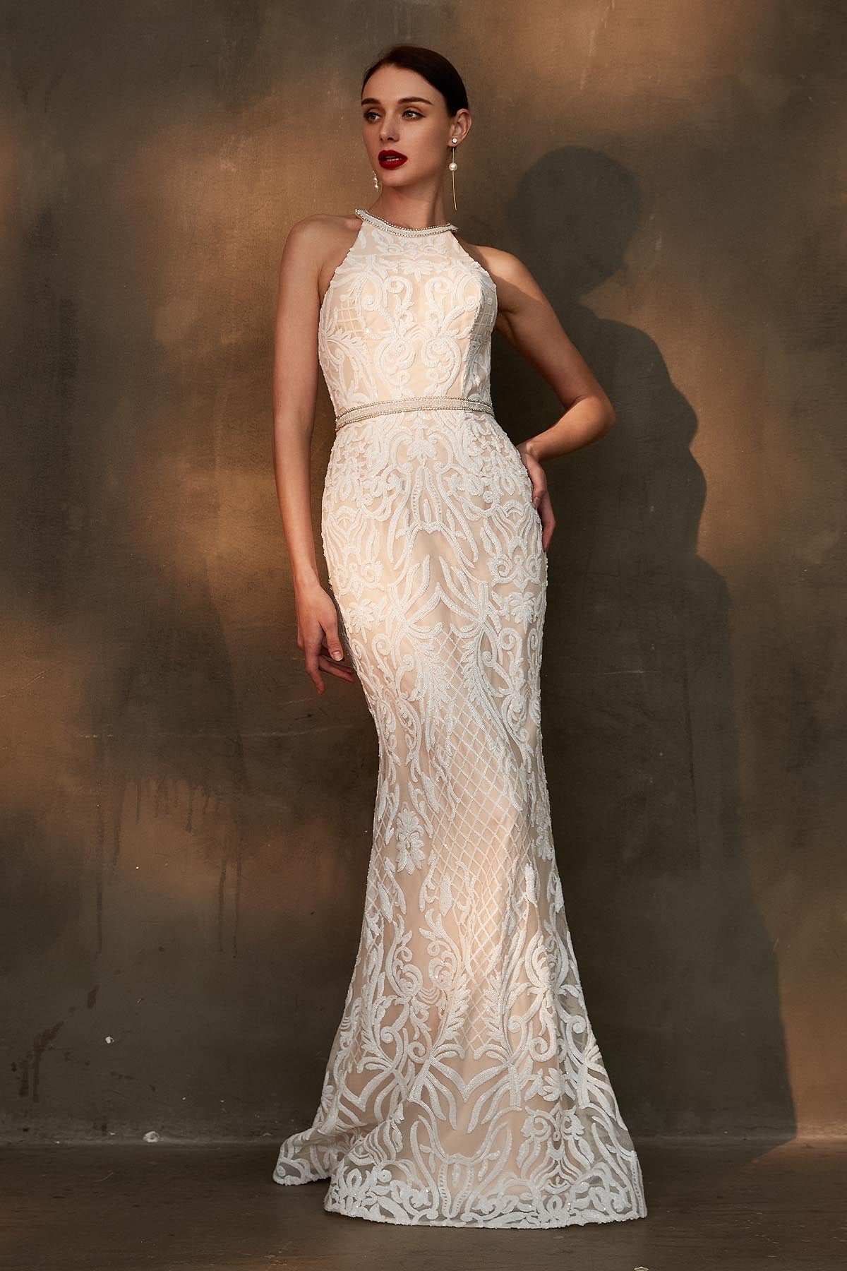 Mermaid/Trumpet Halter Sleeveless Full Length Lace Wedding Dresses