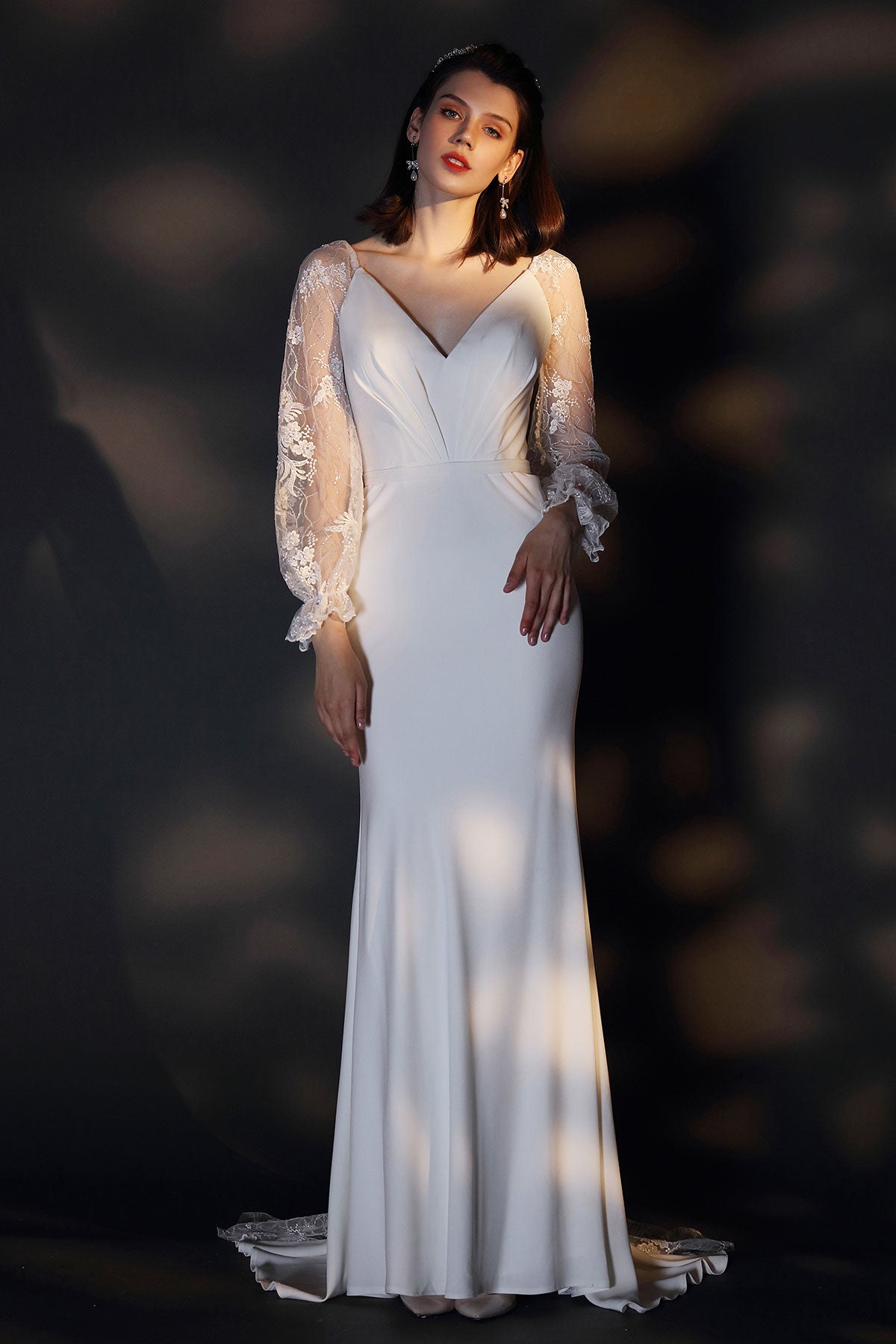 Mermaid/Trumpet V-neck Long Sleeves Full Length Lace Wedding Dresses