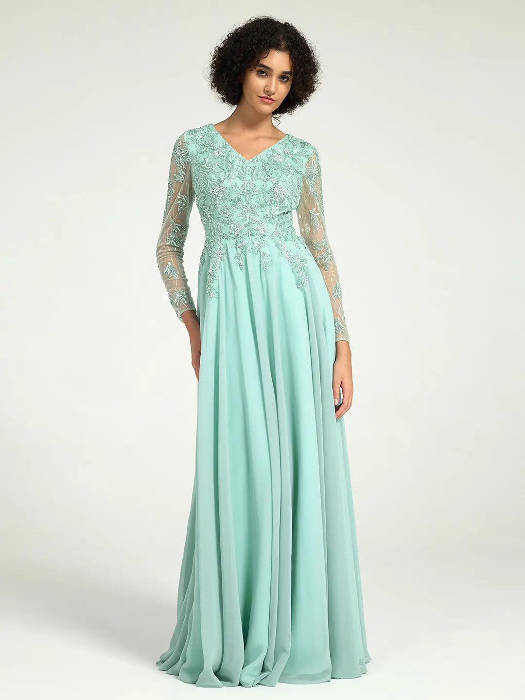 Long Sleeve Mother of the Bride Dress with Beaded Lace Accents Long Sleeve Mother of the Bride Dress with Beaded Lace Accents