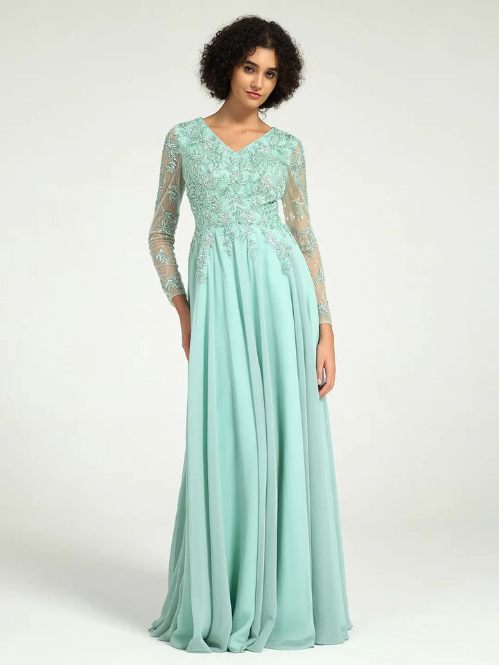 Long Sleeve Mother of the Bride Dress with Beaded Lace Accents Long Sleeve Mother of the Bride Dress with Beaded Lace Accents