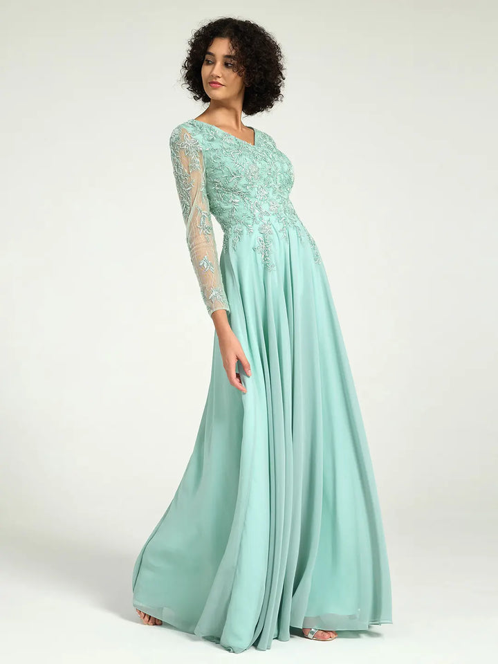 Long Sleeve Mother of the Bride Dress with Beaded Lace Accents