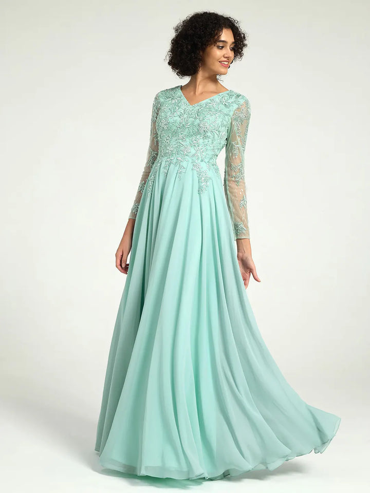 Long Sleeve Mother of the Bride Dress with Beaded Lace Accents