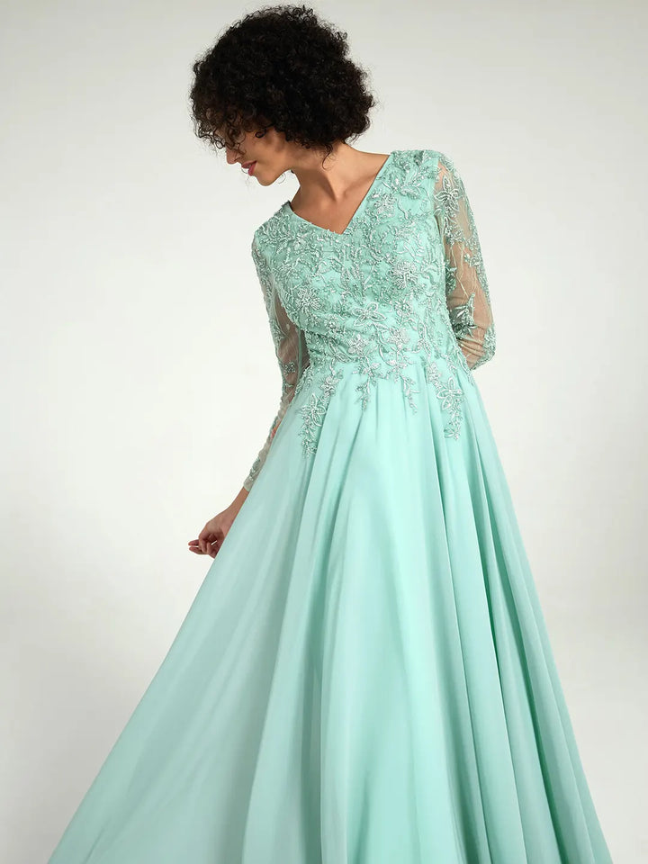 mint green lace dress forever 21 Long Sleeve Mother of the Bride Dress with Beaded Lace Accents