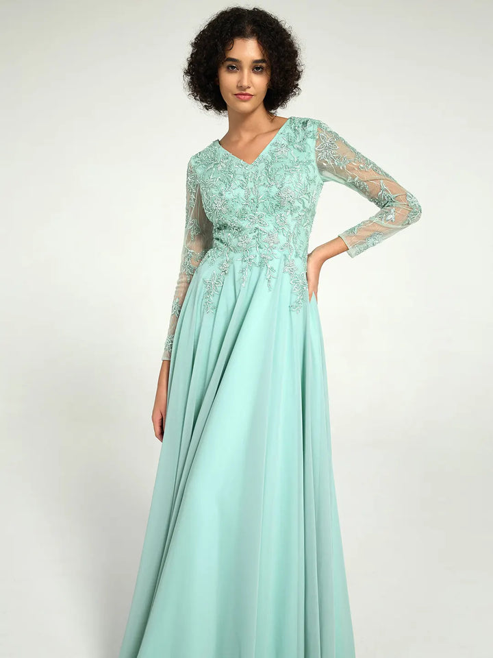 Long Sleeve Mother of the Bride Dress with Beaded Lace Accents