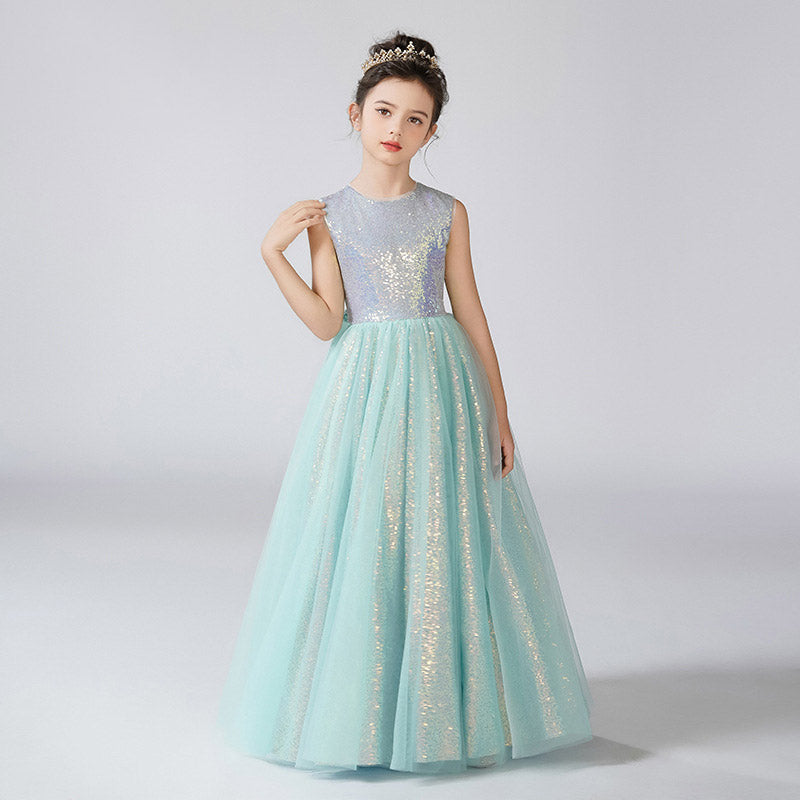Mint Green Sequin Maxi Tulle Girls' Princess Dress for Parties and Weddings