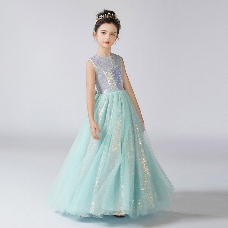 Mint Green Sequin Maxi Tulle Girls' Princess Dress for Parties and Weddings