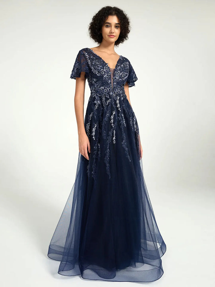 A-Line Maxi Dress with Embroidered Lace and Deep V-Neckline A-Line Maxi Dress with Embroidered Lace and Deep V-Neckline