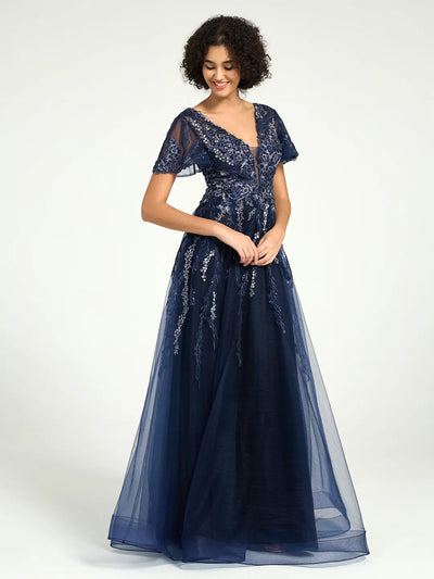 Carlyna Carlyna Carlyna Carlyna Carlyna Carlyna Carlyna A-Line Maxi Dress with Embroidered Lace and Deep V-Neckline