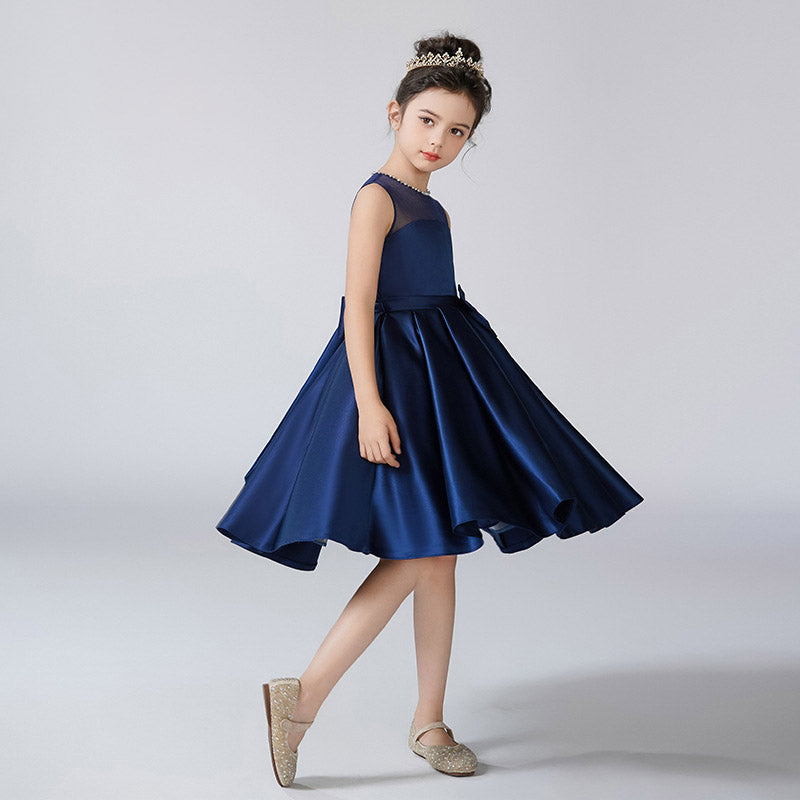 Navy Blue Satin A-line Bowknot Dress for Girls – Cute & Formal Knee-Length Outfit