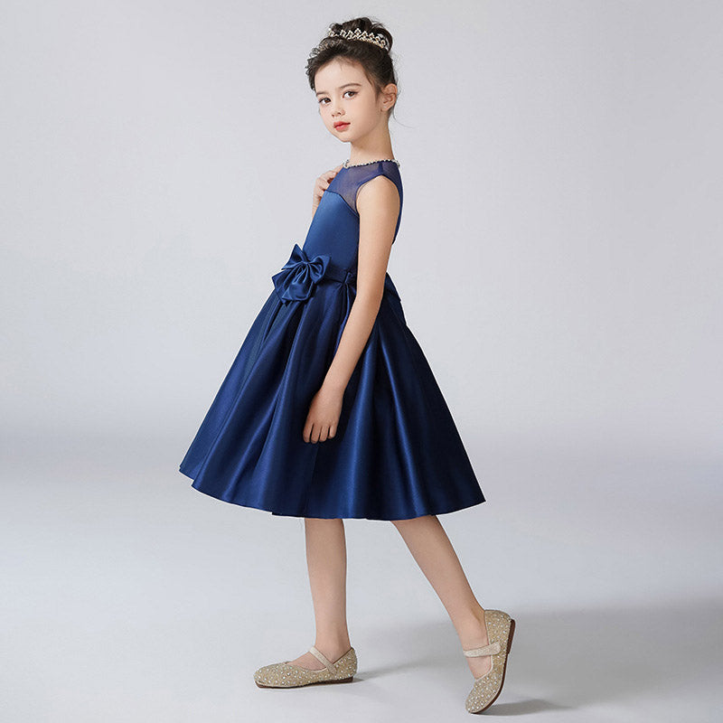 Navy Blue Satin A-line Bowknot Dress for Girls – Cute & Formal Knee-Length Outfit