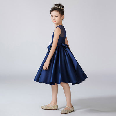 Navy Blue Satin A-line Bowknot Dress for Girls – Cute & Formal Knee-Length Outfit