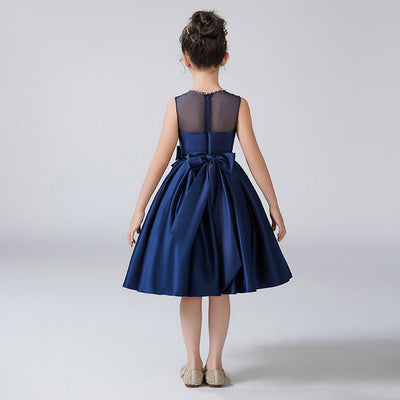 Navy Blue Satin A-line Bowknot Dress for Girls – Cute & Formal Knee-Length Outfit
