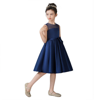Navy Blue Satin A-line Bowknot Dress for Girls – Cute & Formal Knee-Length Outfit
